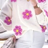 Fashion Dear-Lover Floral Crochet Chunky Knit Sweater White