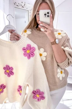 Fashion Dear-Lover Floral Crochet Chunky Knit Sweater White