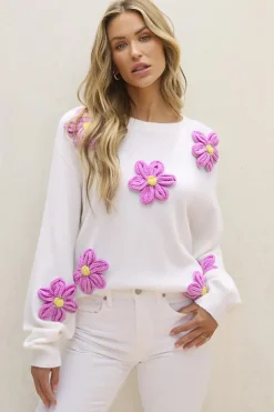 Fashion Dear-Lover Floral Crochet Chunky Knit Sweater White
