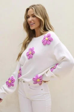 Fashion Dear-Lover Floral Crochet Chunky Knit Sweater White