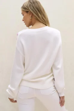 Fashion Dear-Lover Floral Crochet Chunky Knit Sweater White