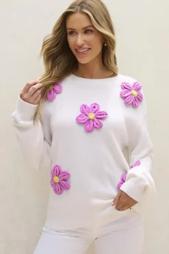 Fashion Dear-Lover Floral Crochet Chunky Knit Sweater White