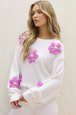 Fashion Dear-Lover Floral Crochet Chunky Knit Sweater White