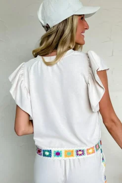 Clearance Dear-Lover Floral Crochet Patched Ruffled Sleeve Crewneck Blouse White