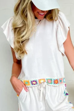 Clearance Dear-Lover Floral Crochet Patched Ruffled Sleeve Crewneck Blouse White