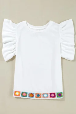 Clearance Dear-Lover Floral Crochet Patched Ruffled Sleeve Crewneck Blouse White