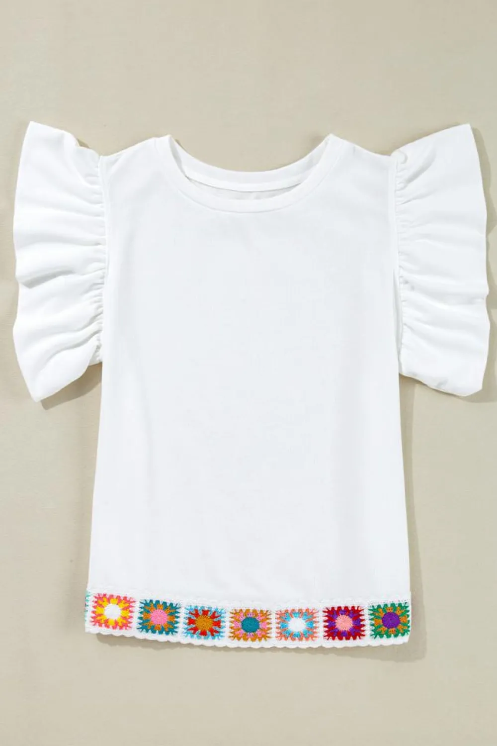 Clearance Dear-Lover Floral Crochet Patched Ruffled Sleeve Crewneck Blouse White