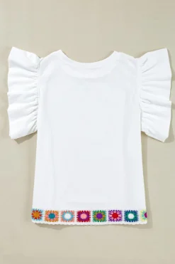 Clearance Dear-Lover Floral Crochet Patched Ruffled Sleeve Crewneck Blouse White