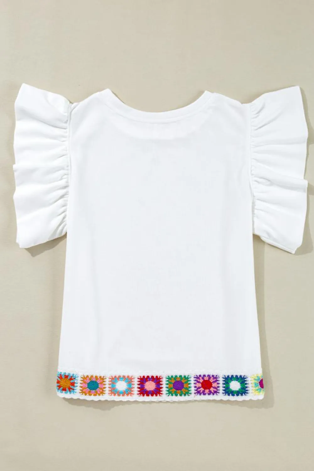 Clearance Dear-Lover Floral Crochet Patched Ruffled Sleeve Crewneck Blouse White