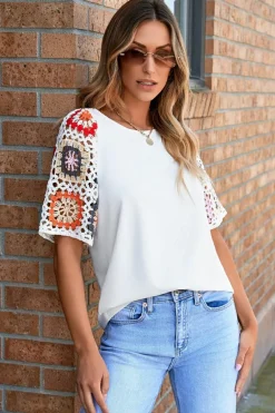 Sale Dear-Lover Floral Crochet Short Sleeve Top White
