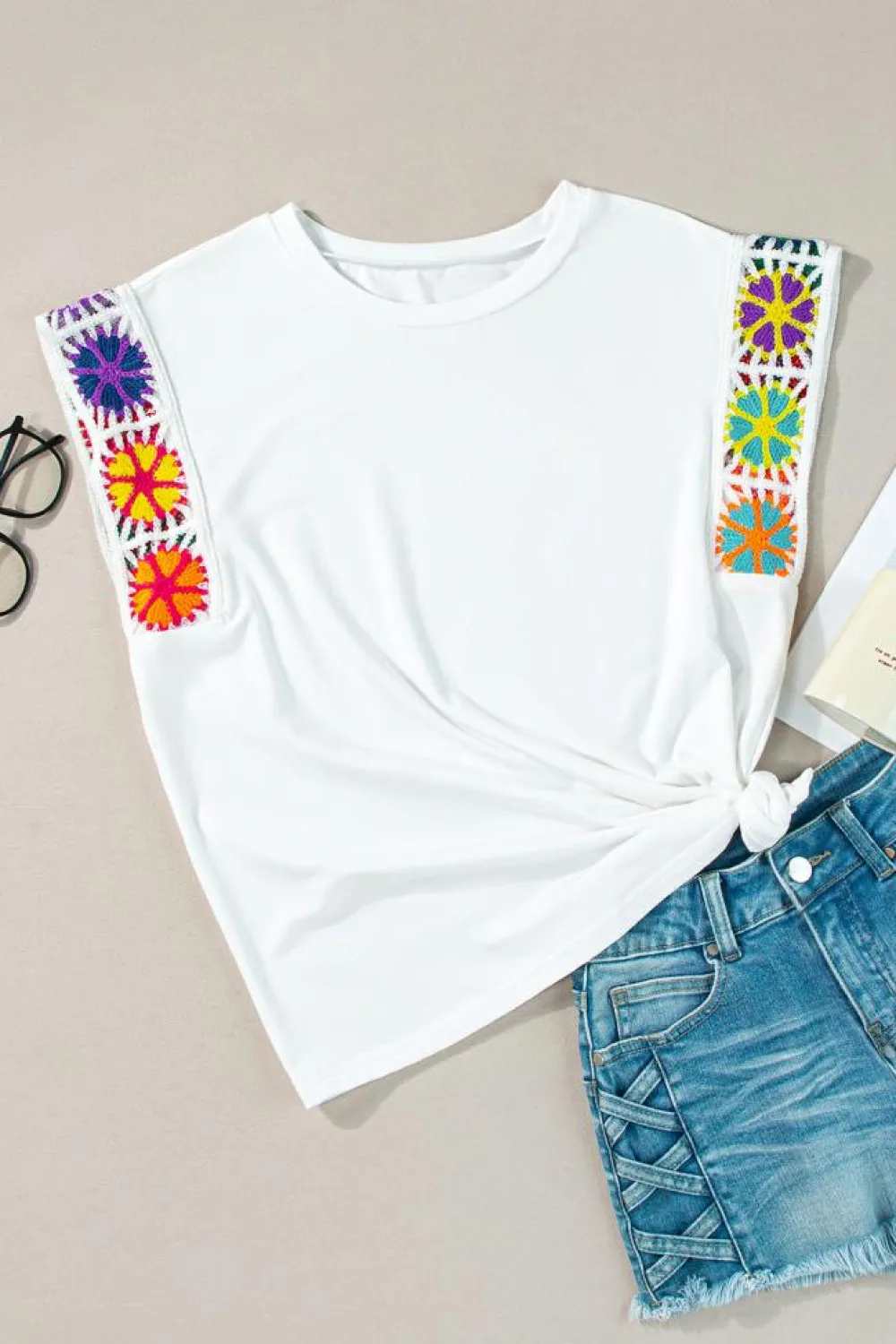 Hot Dear-Lover Floral Crochet Sleeve Crew Neck Top White