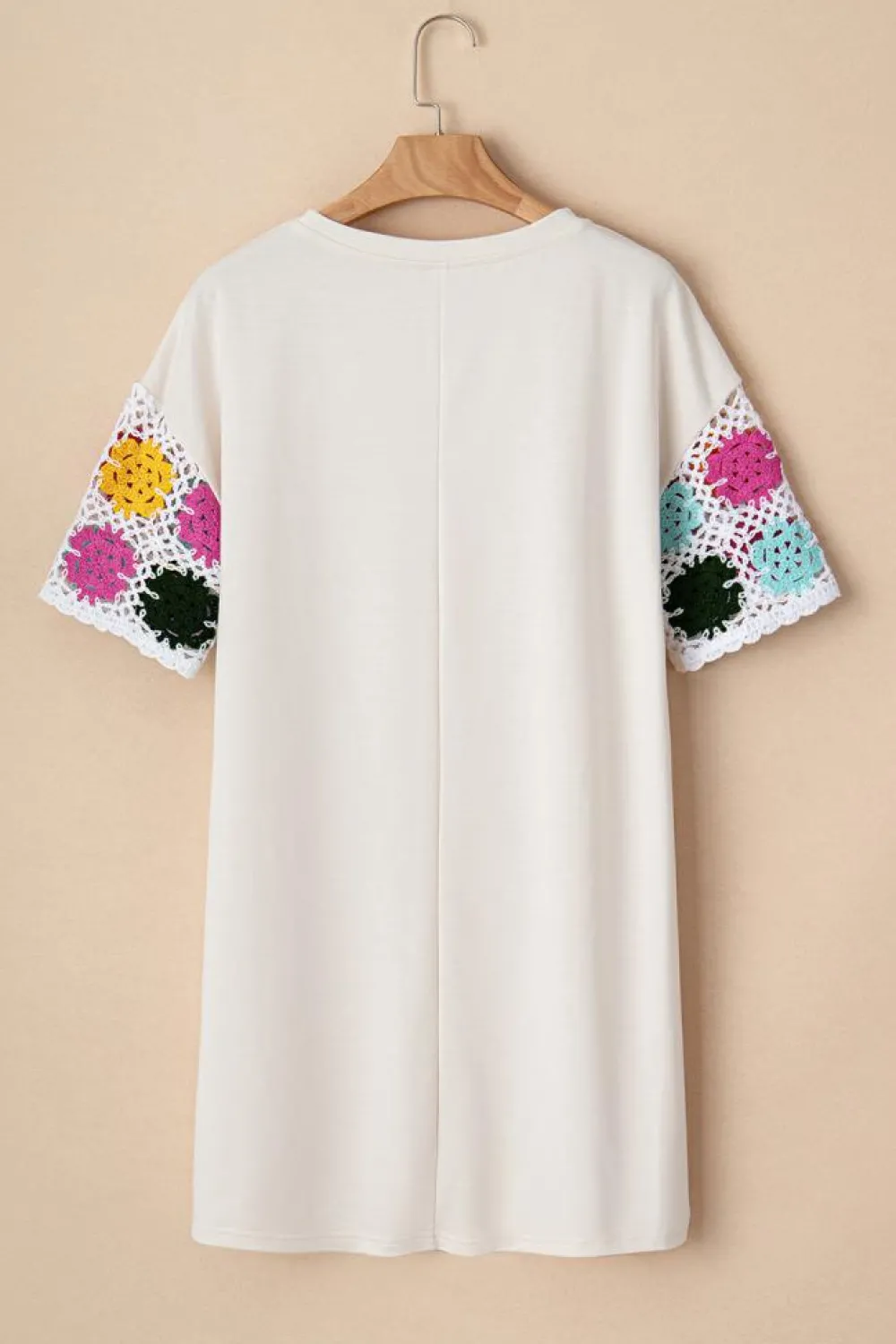Sale Dear-Lover Floral Crochet Splicing Sleeve T Shirt Dress White