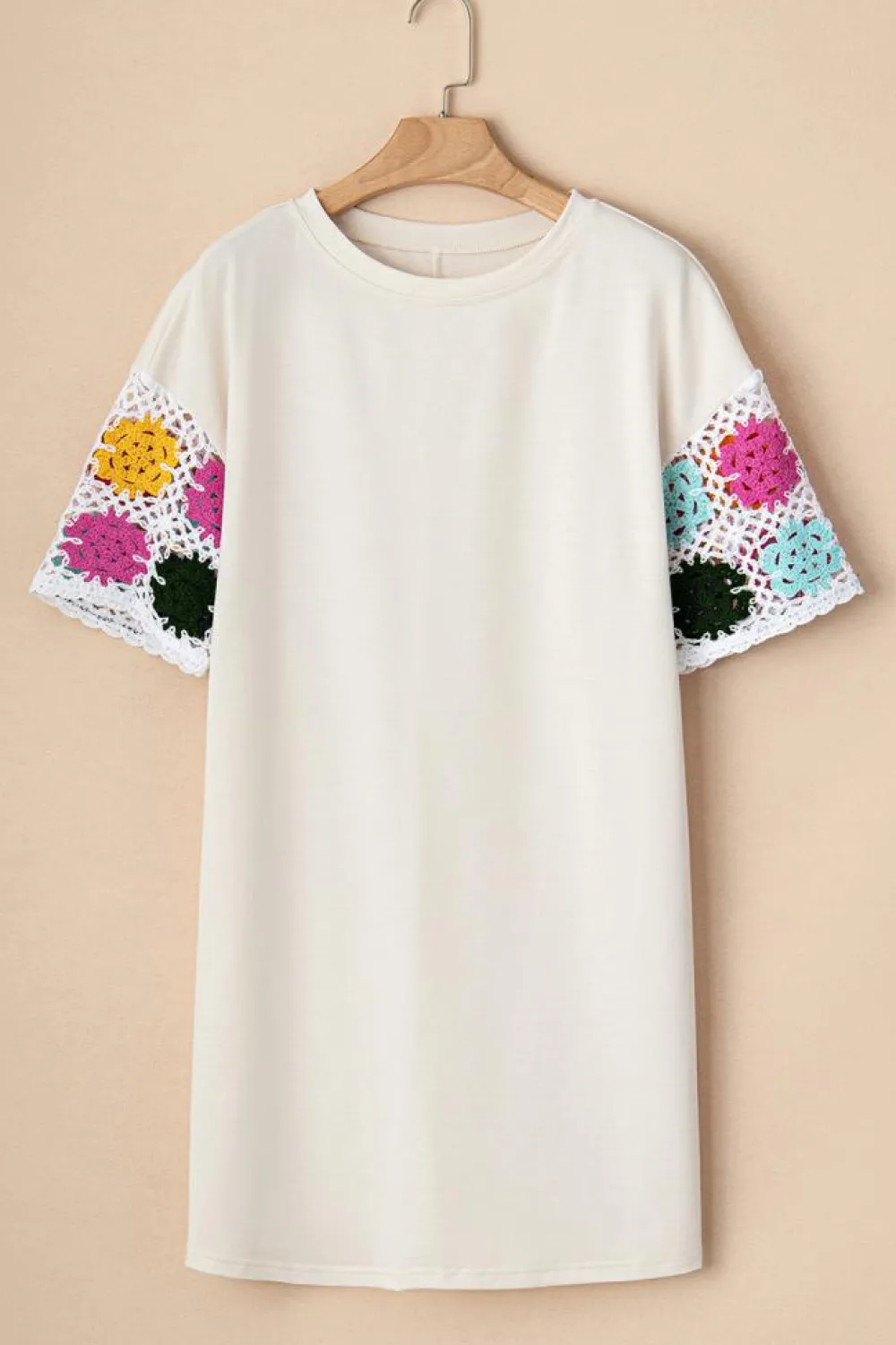 Sale Dear-Lover Floral Crochet Splicing Sleeve T Shirt Dress White