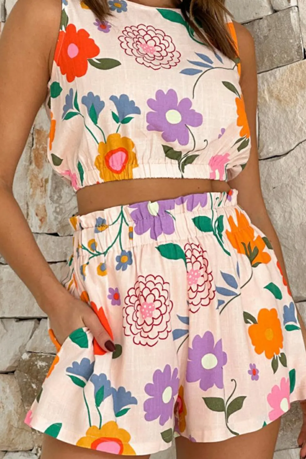 Fashion Dear-Lover Floral Cropped Tank and Frilly High Waist Shorts White