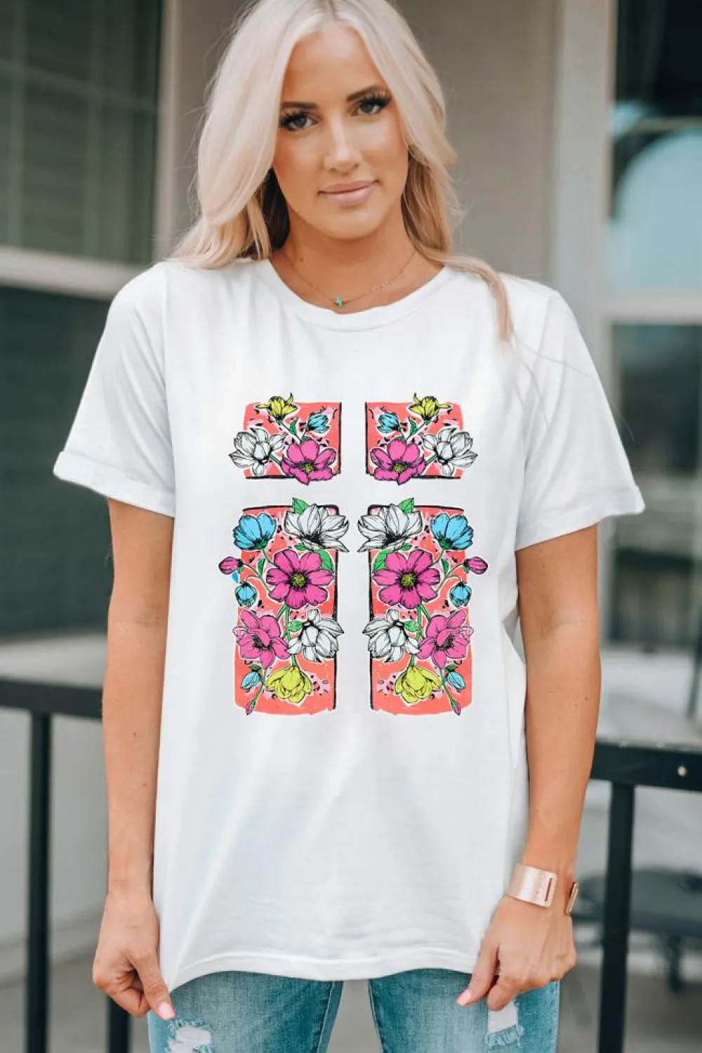 Outlet Dear-Lover Floral Crossed Graphic Easter Round Neck T Shirt White