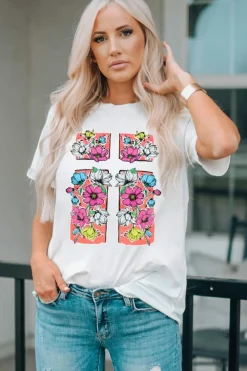 Outlet Dear-Lover Floral Crossed Graphic Easter Round Neck T Shirt White