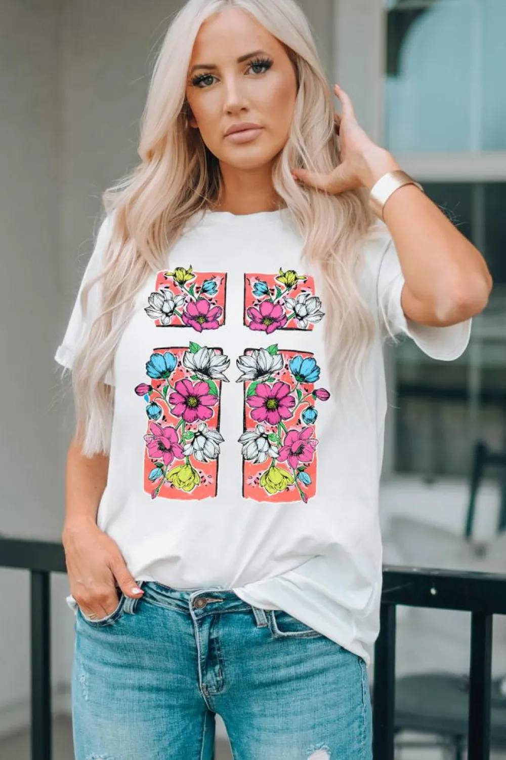 Outlet Dear-Lover Floral Crossed Graphic Easter Round Neck T Shirt White