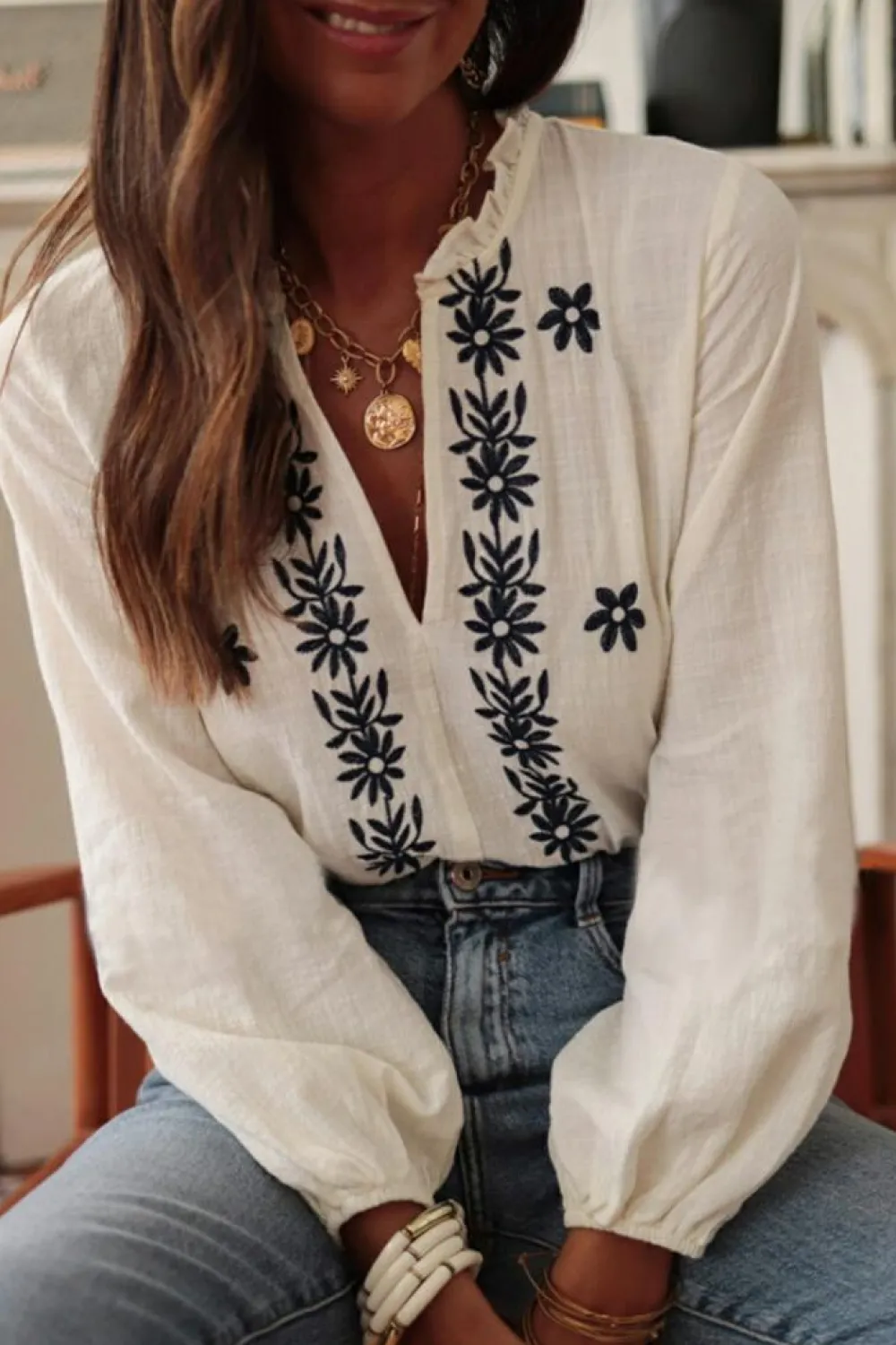 Best Dear-Lover Floral Embroidered Frilled V Neck Puff Sleeve Blouse White