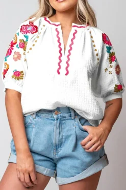 Outlet Dear-Lover Floral Embroidered Ricrac Puff Sleeve Textured Blouse White