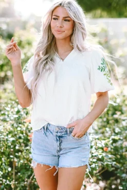 Discount Dear-Lover Floral Embroidered Puff Sleeve Notched Neck Blouse White