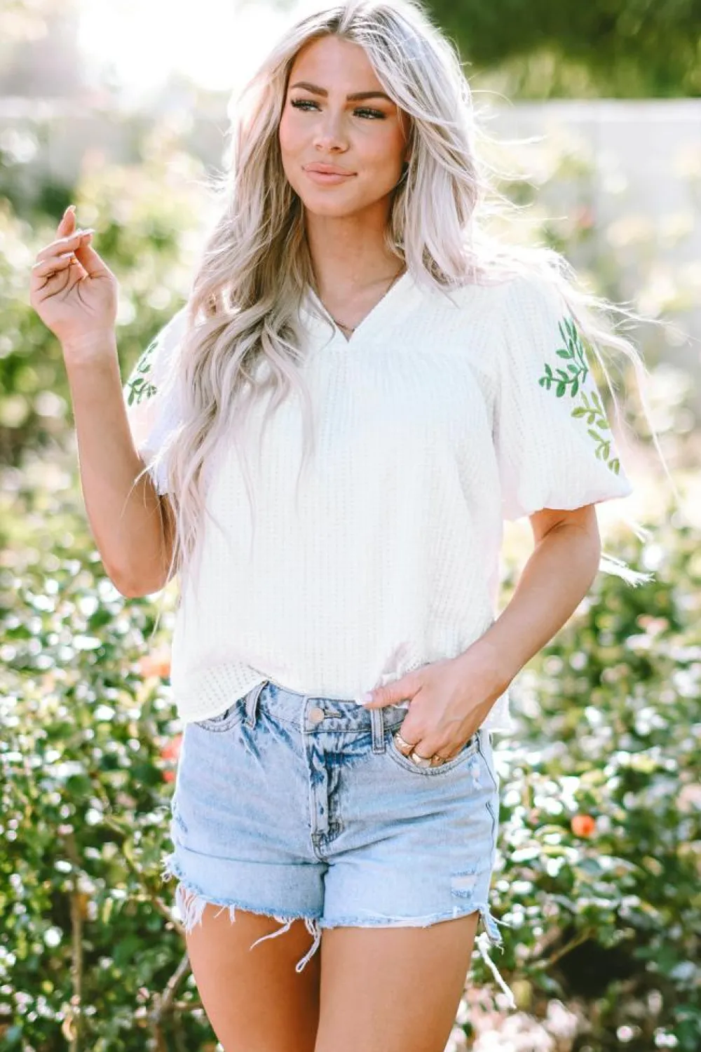Discount Dear-Lover Floral Embroidered Puff Sleeve Notched Neck Blouse White
