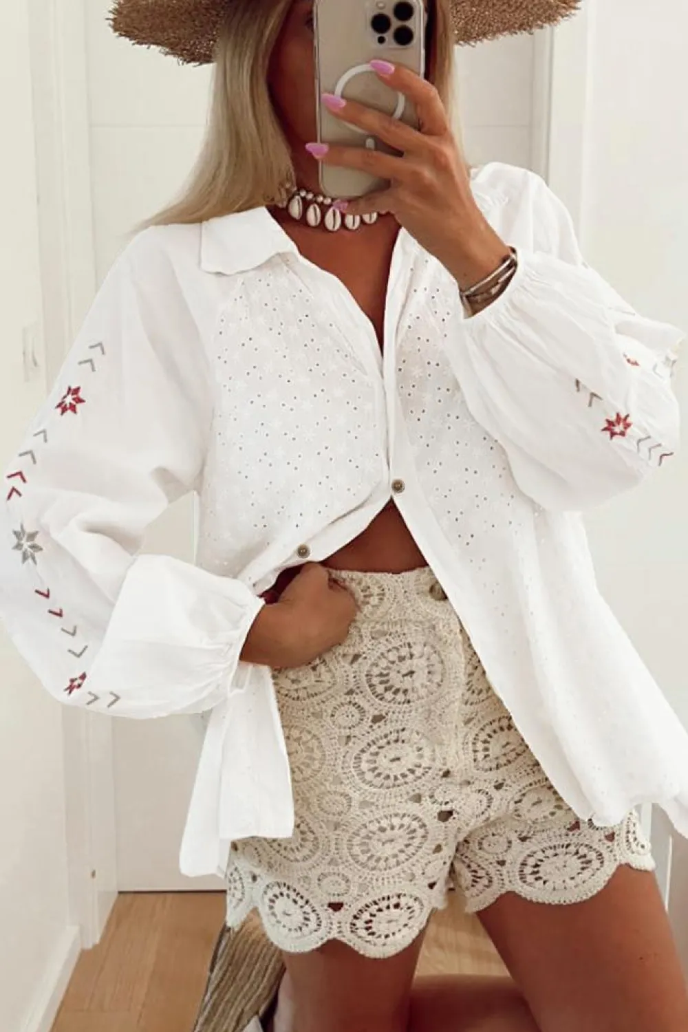 Best Dear-Lover Floral Embroidered Puff Sleeve Eyelet Patchwork Shirt White