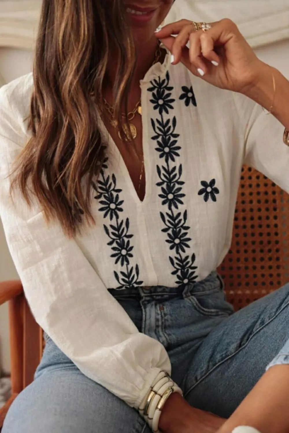 Best Dear-Lover Floral Embroidered Frilled V Neck Puff Sleeve Blouse White