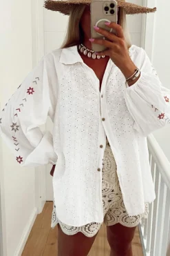 Best Dear-Lover Floral Embroidered Puff Sleeve Eyelet Patchwork Shirt White