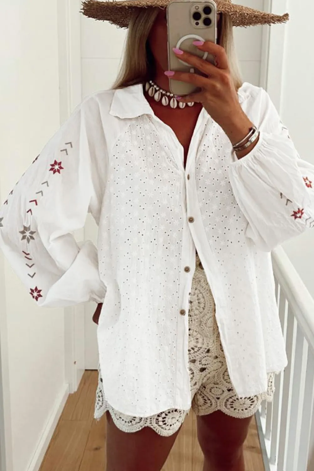 Best Dear-Lover Floral Embroidered Puff Sleeve Eyelet Patchwork Shirt White