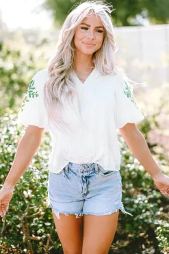 Discount Dear-Lover Floral Embroidered Puff Sleeve Notched Neck Blouse White