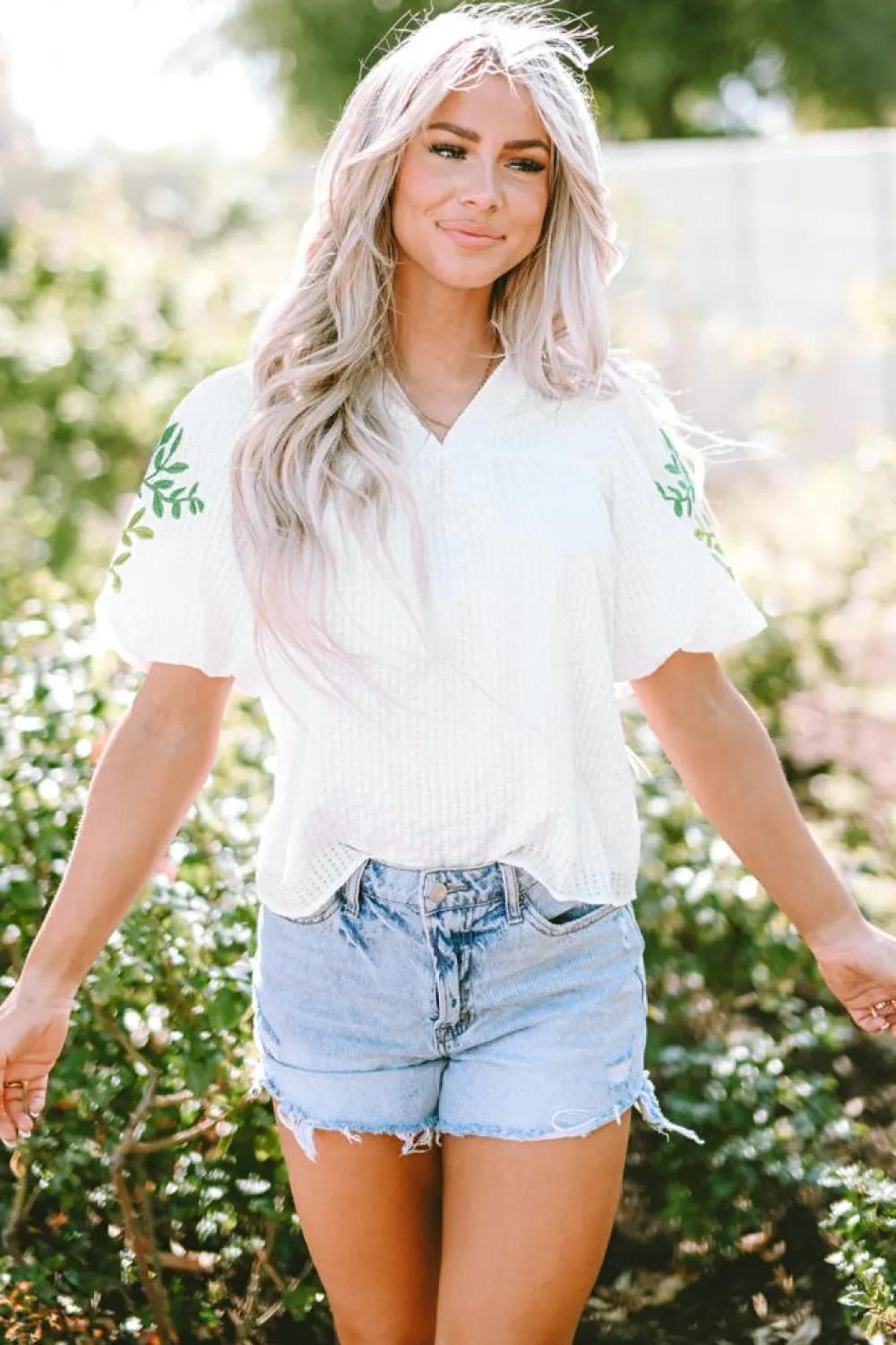 Discount Dear-Lover Floral Embroidered Puff Sleeve Notched Neck Blouse White