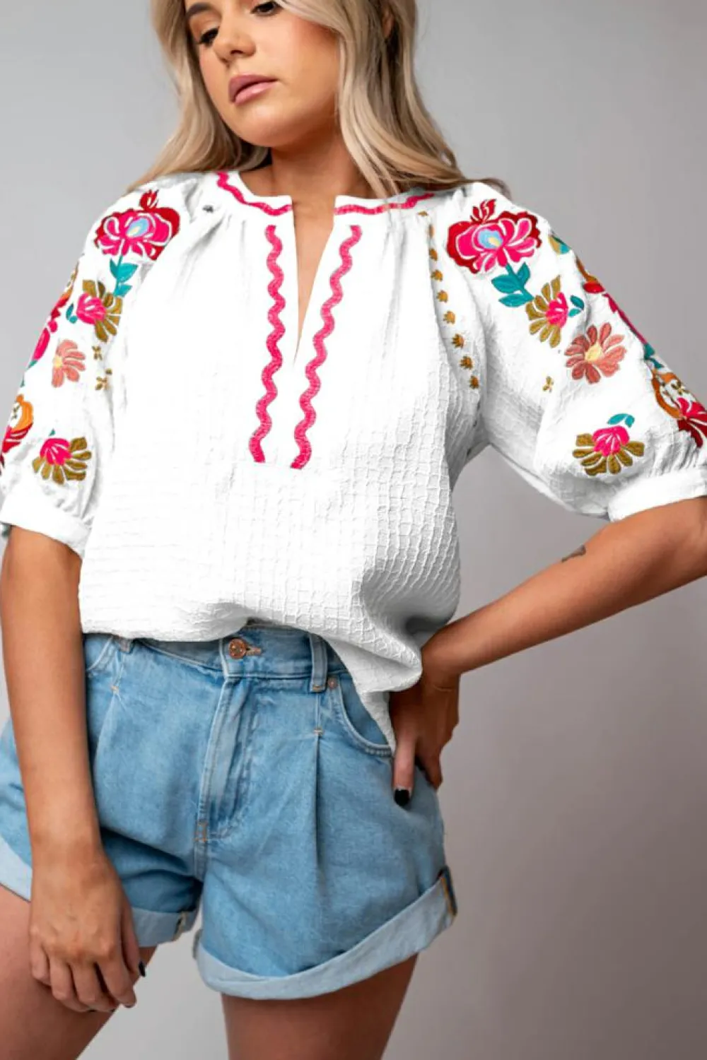 Outlet Dear-Lover Floral Embroidered Ricrac Puff Sleeve Textured Blouse White