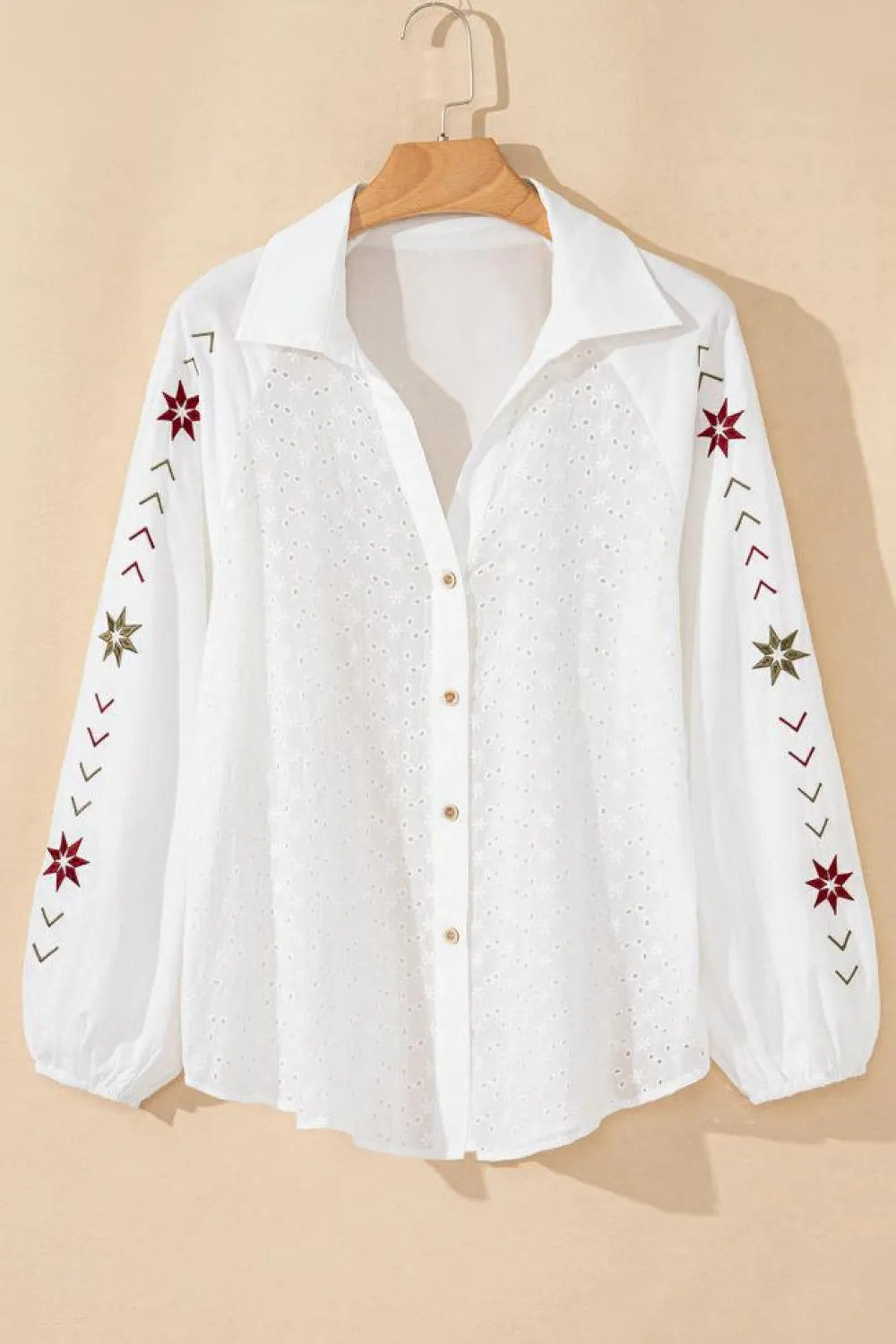 Best Dear-Lover Floral Embroidered Puff Sleeve Eyelet Patchwork Shirt White