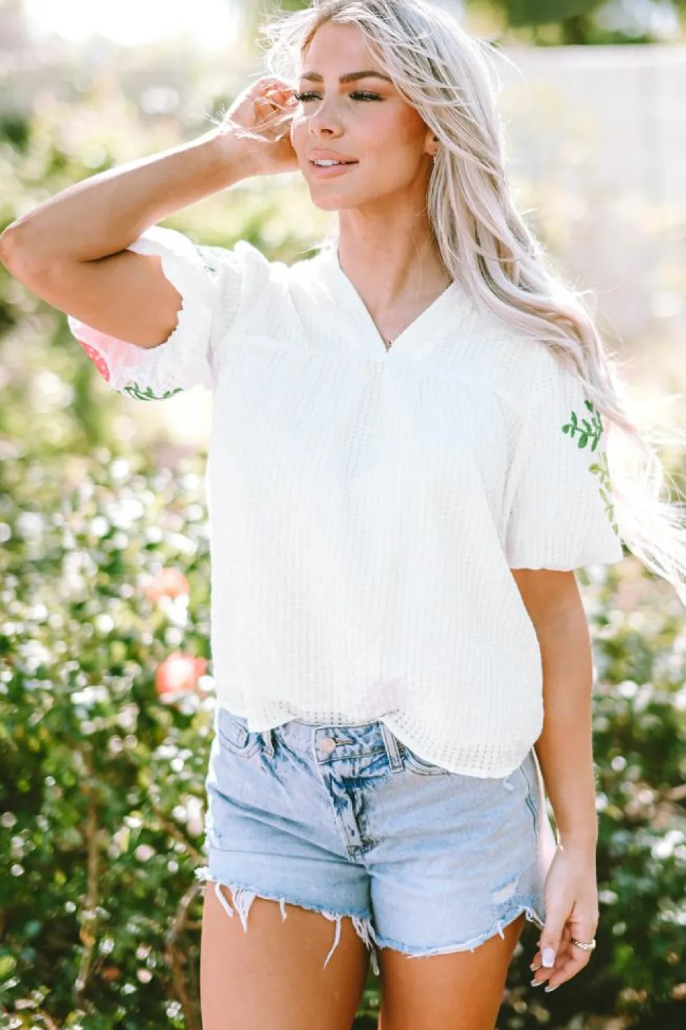 Discount Dear-Lover Floral Embroidered Puff Sleeve Notched Neck Blouse White