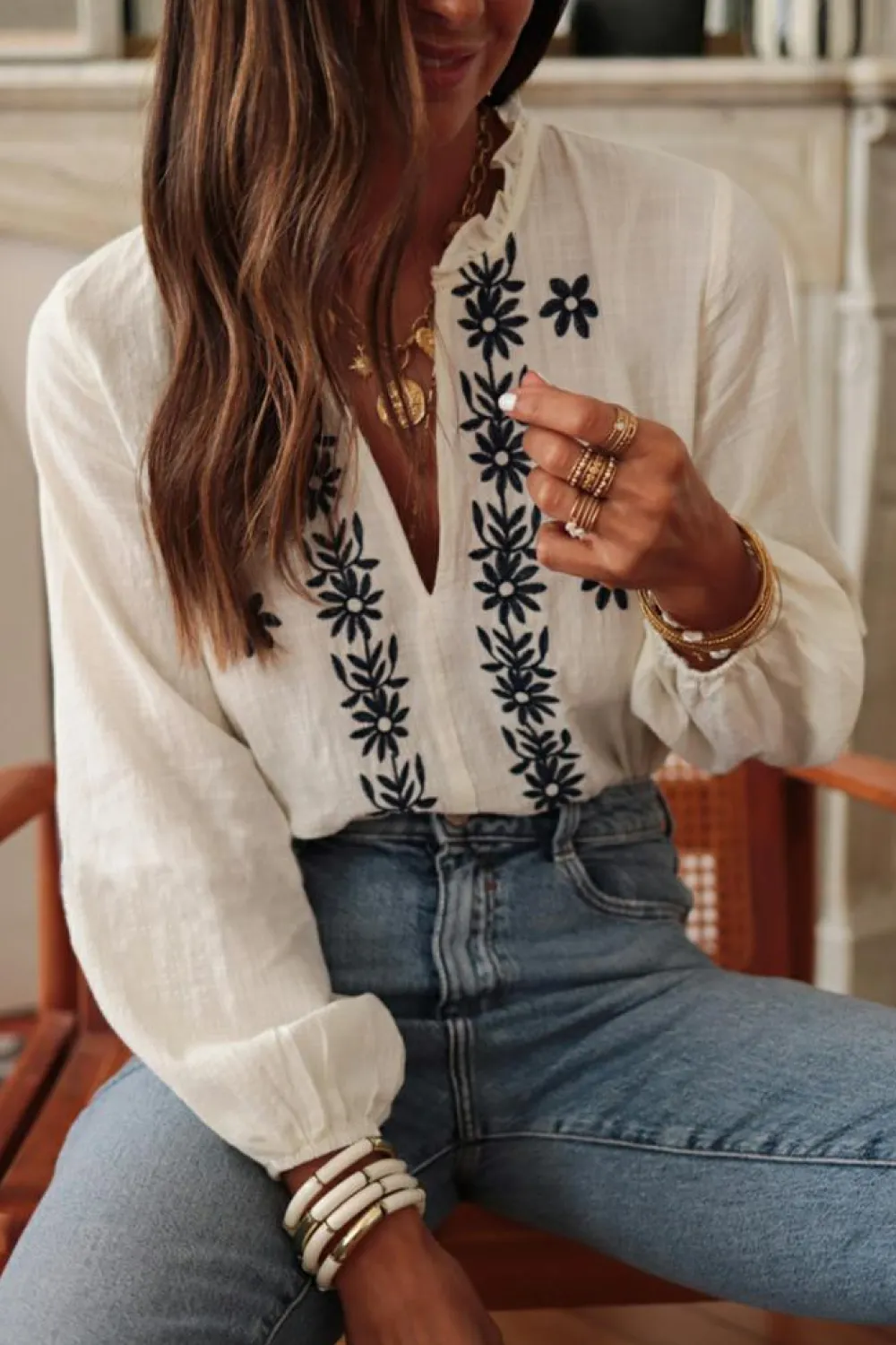 Best Dear-Lover Floral Embroidered Frilled V Neck Puff Sleeve Blouse White