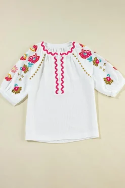 Outlet Dear-Lover Floral Embroidered Ricrac Puff Sleeve Textured Blouse White