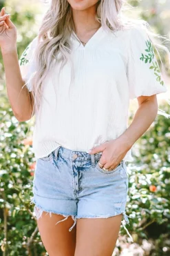 Discount Dear-Lover Floral Embroidered Puff Sleeve Notched Neck Blouse White