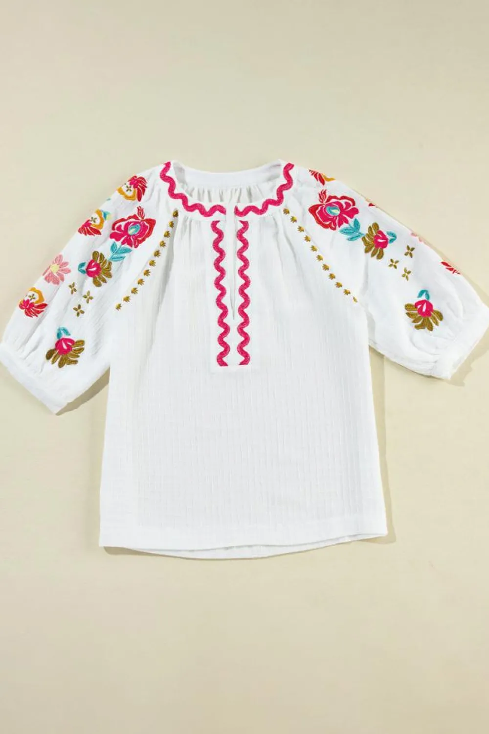 Outlet Dear-Lover Floral Embroidered Ricrac Puff Sleeve Textured Blouse White