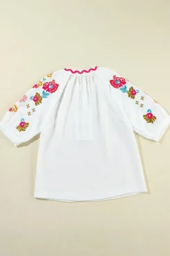Outlet Dear-Lover Floral Embroidered Ricrac Puff Sleeve Textured Blouse White