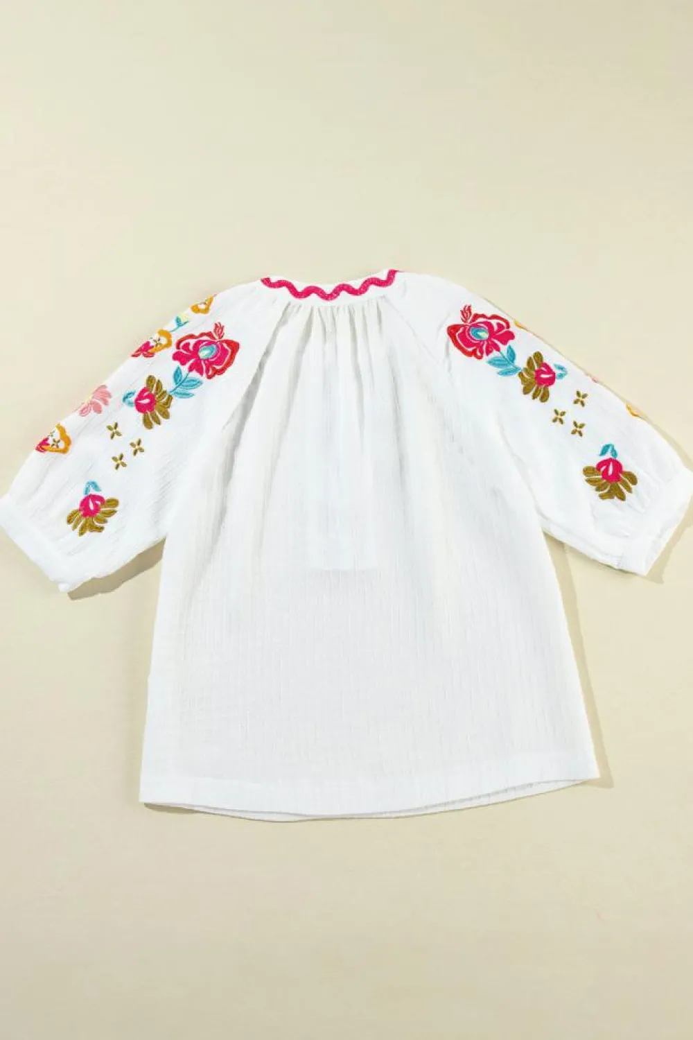 Outlet Dear-Lover Floral Embroidered Ricrac Puff Sleeve Textured Blouse White