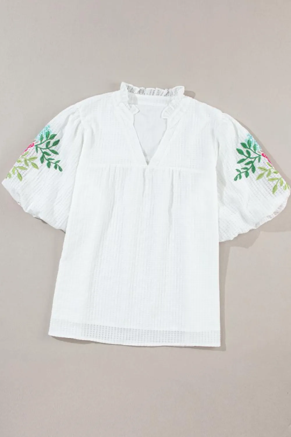 Discount Dear-Lover Floral Embroidered Puff Sleeve Notched Neck Blouse White