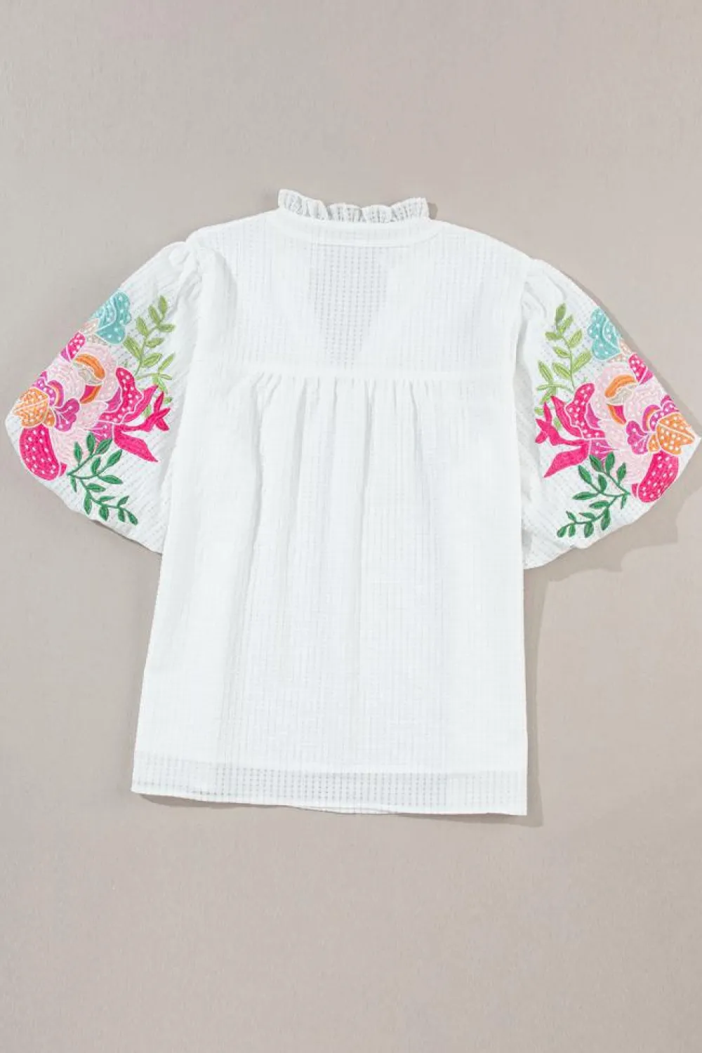 Discount Dear-Lover Floral Embroidered Puff Sleeve Notched Neck Blouse White
