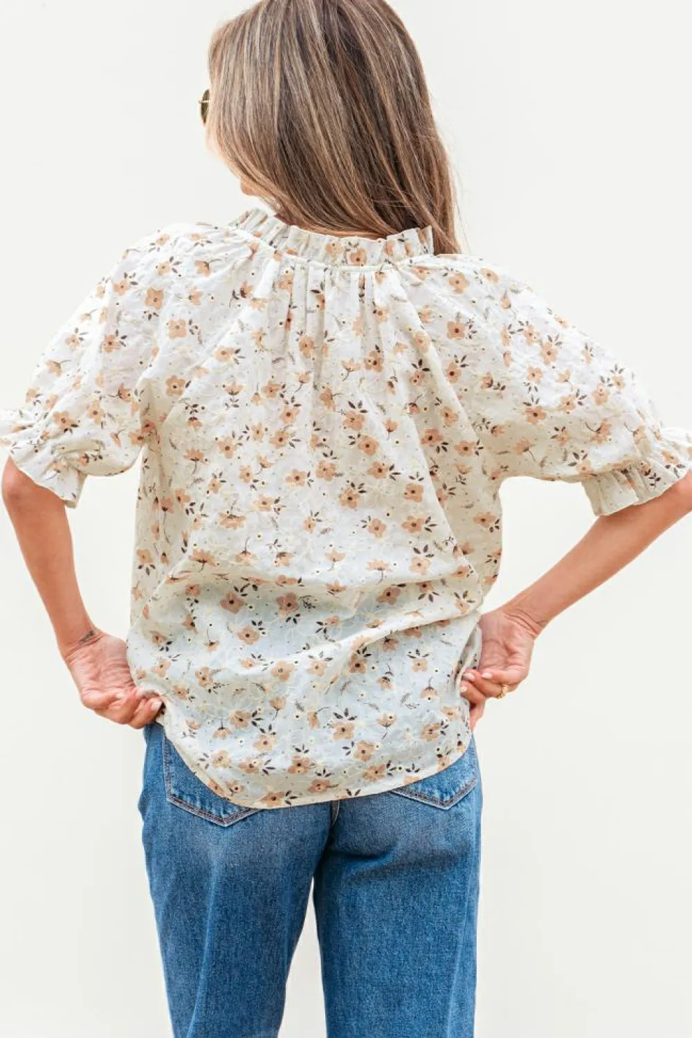 Outlet Dear-Lover Floral Eyelet Embroidered Puff Sleeve Notch V Neck Blouse White