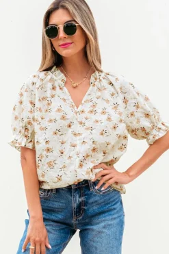 Outlet Dear-Lover Floral Eyelet Embroidered Puff Sleeve Notch V Neck Blouse White