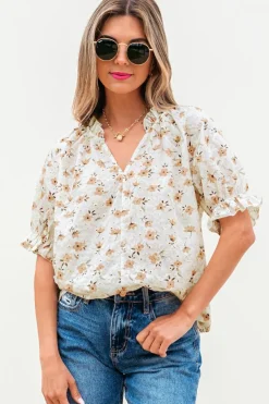 Outlet Dear-Lover Floral Eyelet Embroidered Puff Sleeve Notch V Neck Blouse White
