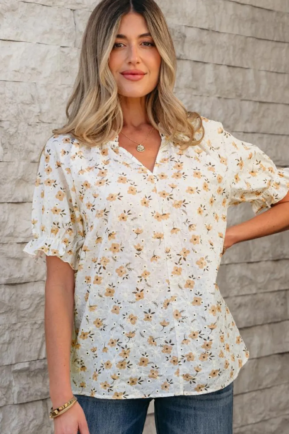 Outlet Dear-Lover Floral Eyelet Embroidered Puff Sleeve Notch V Neck Blouse White