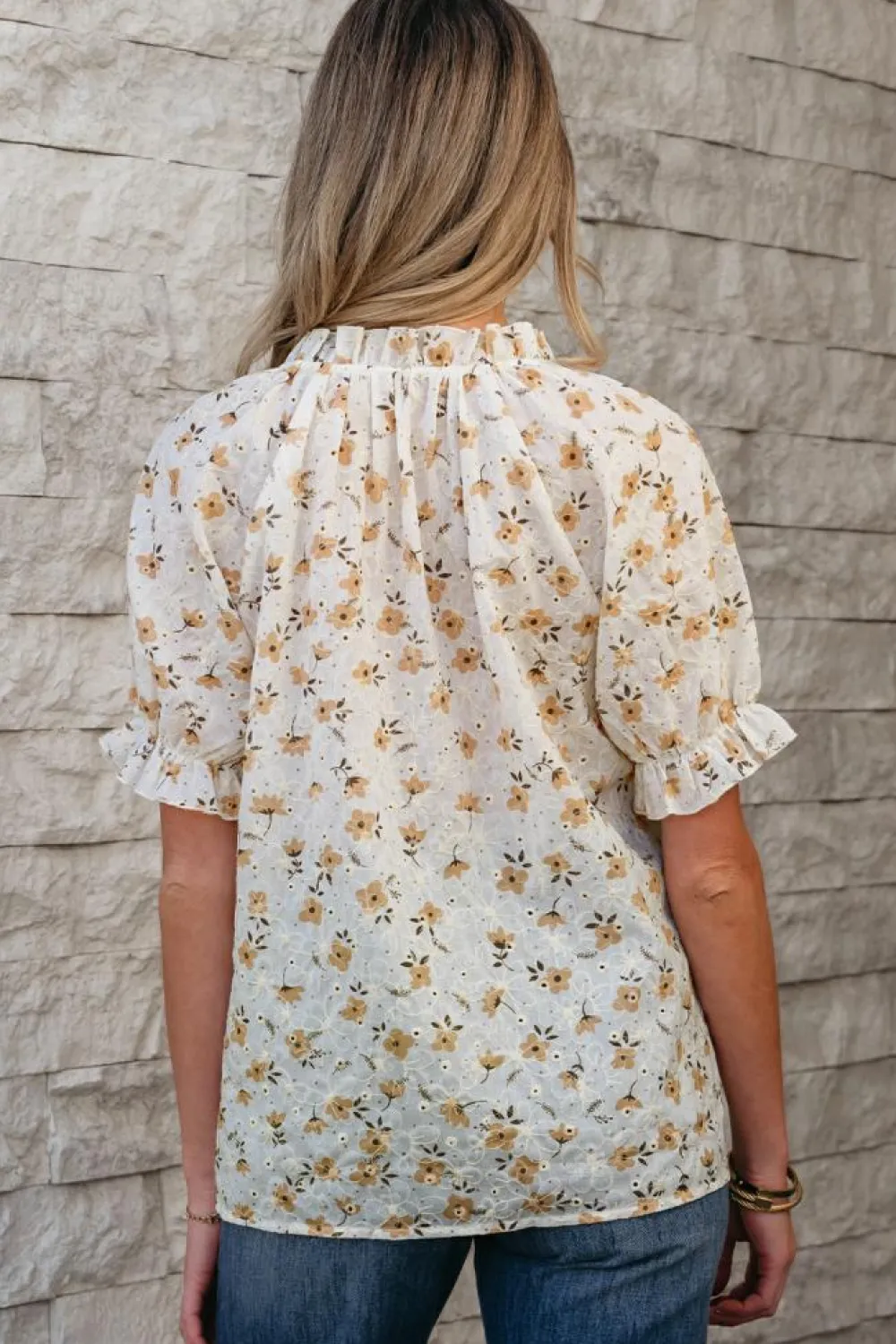 Outlet Dear-Lover Floral Eyelet Embroidered Puff Sleeve Notch V Neck Blouse White