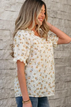 Outlet Dear-Lover Floral Eyelet Embroidered Puff Sleeve Notch V Neck Blouse White