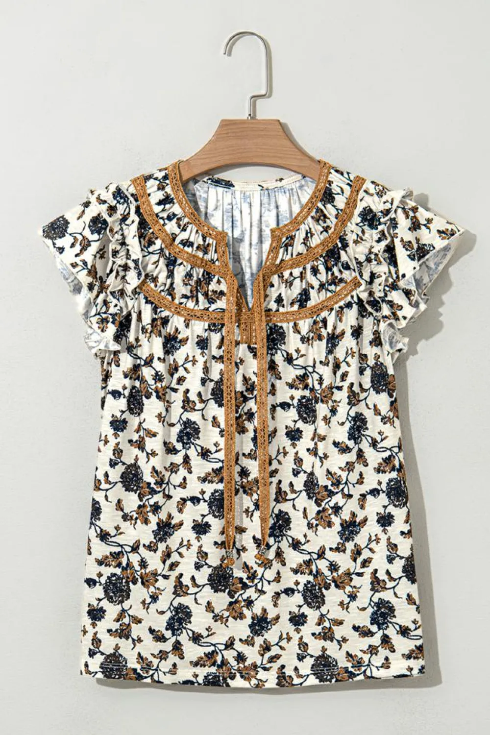 Sale Dear-Lover Floral Frilly Blouse with Lace Up White