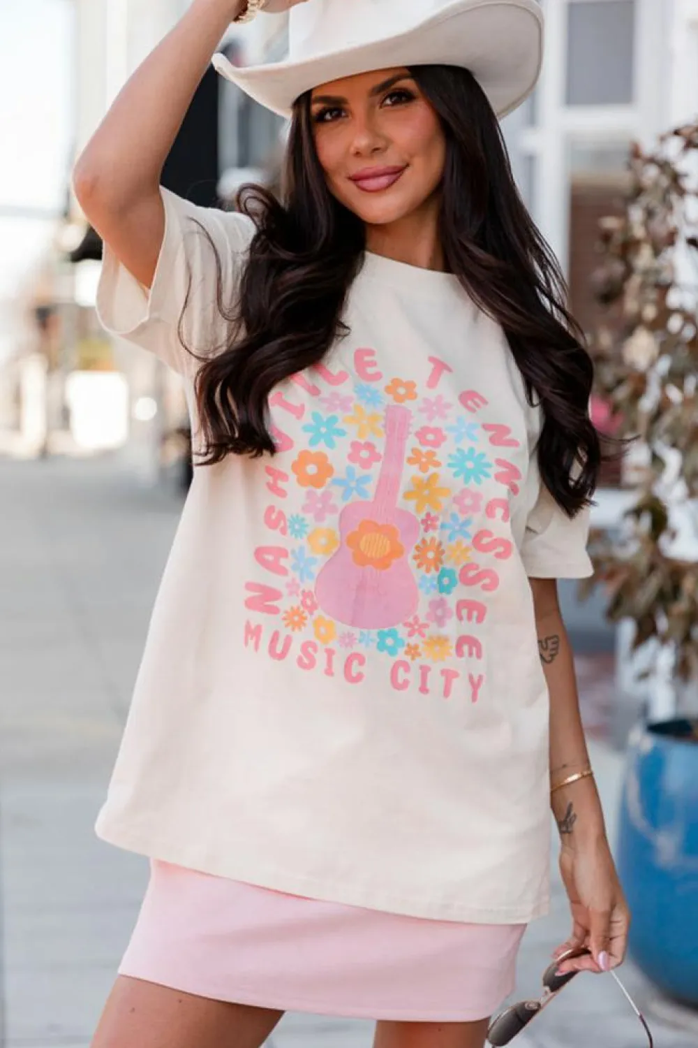 Discount Dear-Lover Floral Guitar NASHVILLE Slogan Graphic T Shirt White
